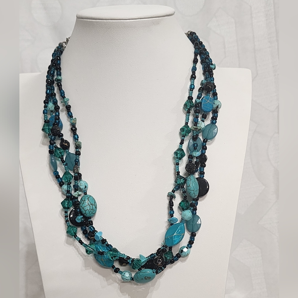 Multi Strand Faux Turquoise Teal Glass Beaded Necklace Layered Boho Statement
